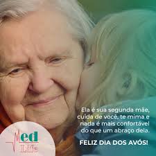 A ilustração mostra um casal de pássaros idosos em um poleiro, com seus netos voando em torno deles, transmitindo a mensagem por uma uma cena de avós e netos em família. Dia Dos Avos Med Life