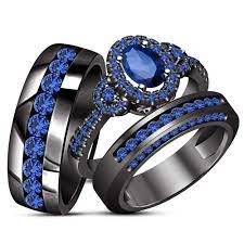 14k Black Gold Plated 925 Silver His Hers Blue Sapphire Wedding Ring Tri In 2021 Engagement Rings Wedding Bands Set Blue Sapphire Wedding Ring Wedding Ring Trio Sets