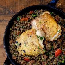 Chicken Thighs With Lentils Chorizo And Red Pepper Recipe Recipe Stuffed Peppers Recipes Wine Recipes