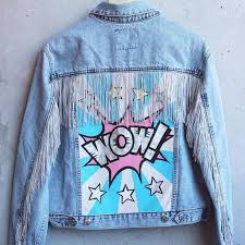 Denim Jacket Wow Hand Painted In Pop Art Style Decorated With Fringe And Rhinestones 100 Cotton Diy Denim Jacket Painted Denim Jacket Diy Jacket