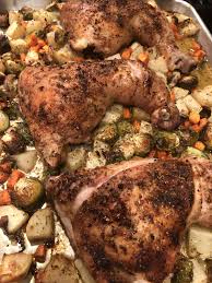 Easy Sheet Pan Dinner Chicken Leg Quarters Roasted Over A Bed Of Veggies Via Tonightsdin Sheet Pan Dinners Chicken Roasted Chicken Legs Chicken Leg Quarters