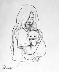 Girl And Cat Pencil Line Art Sketch Girl Drawing Sketches Kitten Drawing Dancing Drawings