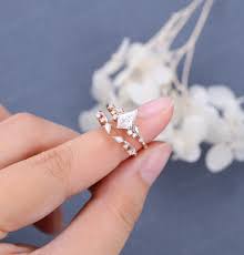 Kite Cut Moissanite Engagement Ring Set Rose Gold Engagement Ring Vintage  Cluster Diamond Bridal Promise Gift Women Unique Open Wedding Ring