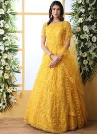 Bridal gown embroidery design using beads and pearls. Shop Net Embroidered Yellow Designer Gown Online 140197
