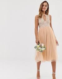 Maya Bridesmaid Delicate Sequin Midi Skater Dress With Keyhole Detail In Soft Peach Pink With Images Short Lace Bridesmaid Dresses Beautiful Bridesmaid Dresses Midi Skater Dress