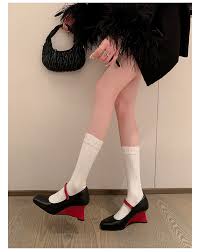 Womens Square Toes Mary Jane Slope Heels Shallow Mouth High Heels Leather  Shoes