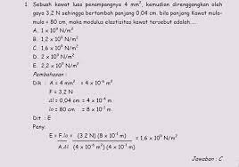 Di dalam materi elastisitas, terdapat beberapa topik yang saling berhubungan yaitu tegangan dan regangan, modulus elastisitas atau modulus young, serta hukum hooke. Contoh Soal Fisika Elastisitas