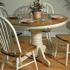 Barnsdale Round Pedestal Two Tone Dining Table White Burnished Oak Www Hayneedle Com Diy Kitchen Table Round Kitchen Table Painted Kitchen Tables