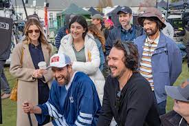 Jackie Sandler, Sunny Sandler, Joseph Vecsey, Eminem, Adam Sandler, and  Kyle Newacheck behind the scenes of Happy Gilmore 2.