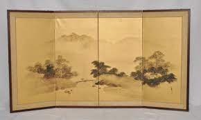 Gouache on silk, depicting the four seasons, 33 in. Vintage Japanese 4 Panel Silk Screen Circa 1950s Vintage Japanese Silk Screen Paneling
