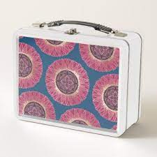 Elegant Boho Pink Gold Blue Lace Flower Mandalas Metal Lunch Box Lunch Box Pink Boho Metal Lunch Box