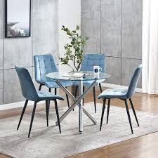 Cheap glass dining room set metal leg tempered glass dining table 4 seater. Round Glass Dining Table And 4 Blue Velvet Chairs Set For Small Space Dinette 5 Pieces Kitchen Set Clear Round Tempered Glass Table And Set Of 4 Occasional Chairs For Restaurant Party