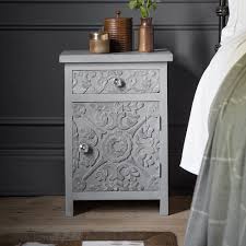 Atika Grey Carved Bedside Cabinet Carved Wood Bedside Table Bedside Cabinet Painted Bedside Tables