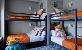 I think if you just want to have a dark neutral which is warmer, that it gives just enough warmth for that purpose, having just a hint of being a warm marine navy instead of being a purely cool. Navy Bunk Beds With Orange Bedding Contemporary Boy S Room