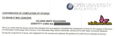 1) surat pengesahan tamat li dari syarikat (dikeluarkan oleh pihak majikan). Terima Surat Pengesahan Tamat Pengajian Di Open University Malaysia Mia Liana
