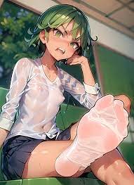 ai generated anime feet feet fetish female female focus female  only foot fetish green eyes green hair one-punch man small breasts socks  tatsumaki wet wet clothes wet shirt wet