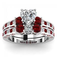 Black And Blue Wedding Rings For Her Heart Shaped Diamond Bridal Wedding Ring Set With Red Ruby Side Stones Engagementring Evolees Www Heart Wedding Rings Wedding Ring Sets Heart Shaped Diamond