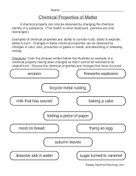 Answers for physical change are: Chemical Properties Matter Worksheet Have Fun Teaching