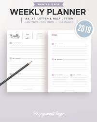 2019 2020 Weekly Planner Printable Agenda Refill Pdf Diary Organiser Weekly Schedule Wo2p Filofax Inserts A5 A4 Letter Half Size Weekly Planner Printable Weekly Planner Printable Planner