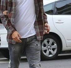 Scott Disick Wearing Burgundy Plaid Long Sleeve Shirt White Crew Neck T Shirt Grey Ripped Jeans Brown Leather Low Top Sneakers Grey Ripped Jeans Scott Disick Style Mens Street Style