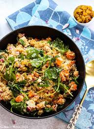 This sweet moroccan salad is prepared by simmering diced sweet potatoes or yams with cinnamon, turmeric, saffron, raisins and honey. Sweet Potato Quinoa Salad Video Recipe Mae S Menu