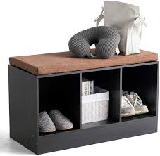 The wooden crates beneath the seat will help you stash all types of items so they are out of sight. Amazon Com Giantex Storage Bench With Padded Cushion 3 Cube Entryway Shoe Bench Box Wooden Organizer For Shoes Books Toys Black Kitchen Dining
