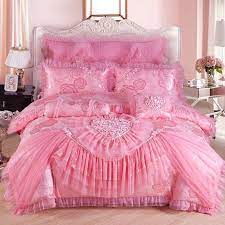 Maybe you would like to learn more about one of these? Pink Beautiful Heart Pattern Victorian Lace And Gathered Ruffle Princess Style Luxury Jacquard Linen Full Queen Size Bedding Sets Lace Bedding Set Bedding Sets Bed Linens Luxury