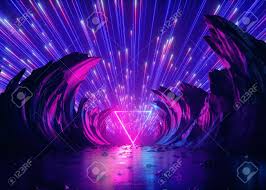 It has a defining bright appearance that makes them easily visible and conspicuous. 3d Render Abstract Futuristic Neon Background Pink Blue Fireworks Cosmic Landscape Glowing Triangular Frame Ultraviolet Light Virtual Reality Space Energy Source Mountains Rocks Ground Grid Stock Photo Picture And Royalty Free Image