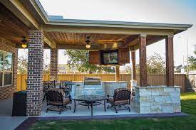 Custom Outdoor Covered Patio Such A Unique Piece Tongue And Groove Ceiling Custom Cabinets To Hide The Outd Outdoor Covered Patio Patio Outdoor Kitchen Patio