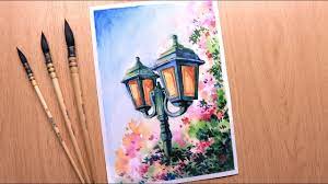 Watercolor Painting For Beginners Beautiful Flower Tree And Street Lamp Watercolor Paintings Diy Art Painting Soft Pastel Art