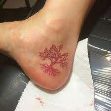All Red Ink Tree Foot Tattoo By Sideline Tattoo Studio In Ubud Red Is The Color Of The Root Chakra Muladhara It S Red Tattoos Red Ink Tattoos Foot Tattoos