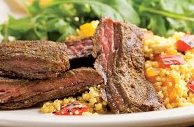 Moroccan steak tips and couscous. Moroccan Steak With Roasted Capsicum Couscous Recipe Sirloin Skirt Nourish Magazine Australia