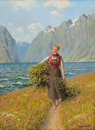 Hans Dahl 1849 1937 Bondepike Baerende Pa Lauv Art World Lovers Art Art Painting