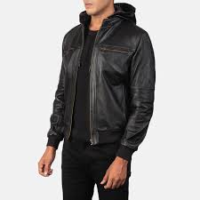 Bouncer Biz Black Leather Bomber Jacket Leather Jacket With Hood Black Leather Bomber Jacket Leather Bomber Jacket