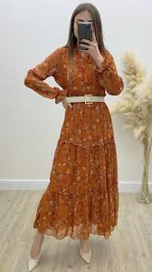 Citir Desen Sifon Elbise Kiremit 2020 Sifon Elbise Elbise Mankenler