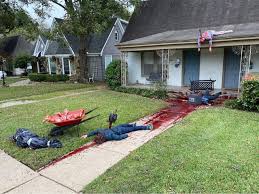 From halloween lights to inflatable decorations to pumpkins to faux headstones, our wide selection of outdoor halloween decorations is sure to inspire loads of halloween ideas. Home S Over The Top Halloween Decorations Incite Numerous Calls To Police From Neighbors Pennlive Com