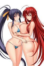 2girls ahoge akeno himejima ass asymmetrical docking bikini blue  bikini blue eyes blue hair blush breasts cleavage grabbing hair ribbon high  school dxd large breasts long hair long red