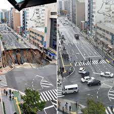 japan repair a sinkhole in fukuoka city