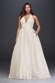 Plunging Lace Halter Plus Size Wedding Dress David S Bridal Plus Wedding Dresses Ball Gowns Wedding Wedding Dress With Pockets