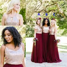 Two Tone Rose Gold Burgundy Country Bridesmaid Dresses Custom Make Long Junior Maid Of Honor Wedding Party Guest Dress Cheap Plus Size Wedding Dresses And Bride Wedding Party Dress Guest Two