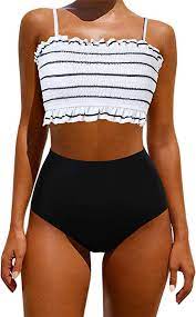 Amazon Com Omkagi Women S Bandeau Bikini Sets Cute Shirred Swimsuit High Waisted Bathing Suit Medium Trendy Swimsuits Swimsuits Outfits Swimsuit High Waisted
