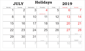 July 2019 Holidays Calendar Template Calendar Printables 2019 Calendar Printable Calendar July