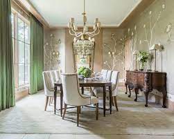 Traditional dining room with sage green paint color and octagon tray ceiling painted sage green. Elegant Sage Green Dining Room With Chinoiserie Walls Hgtv