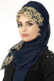 aise tesettur lacivert gold islemeli gupurlu hazir sal 1 turban basortusu sal guzel turban