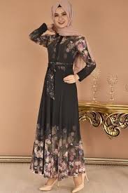 Modamerve Dijital Baski Desen Cicekli Elbise Siyah Eig 4502 Baju Muslim Pakaian Wanita Bunga Pakaian Wanita