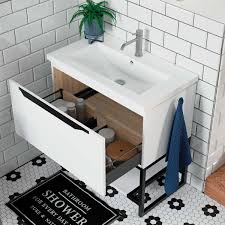Bathroom vanity units with basins & bathroom sink cabinets. Framework Matt White 600 Freestanding Vanity Unit Basin Room H2o