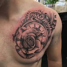 Bird And Rose Tattoo For Men Clock Rose Time Chest Tattoo Chest Tattoo Men Rose Chest Tattoo Cool Chest Tattoos