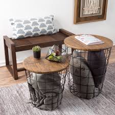Nesting End Tables With Storage Set Of 2 Convertible Round Metal Basket Veneer Wood Top Accent Side Tables For Home And Office By Lavish Home Black Walmart In 2020 Nesting