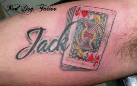Playing cards tattoo on shoulder. Colorful Playing Card Tattoo Design For Sleeve