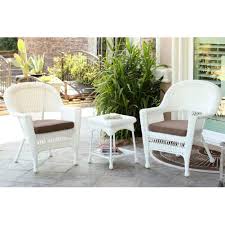 3 Piece White Resin Wicker Patio Chairs And End Table Furniture Set Brown Cushions Wicker Patio Chairs White Wicker Wicker Furniture